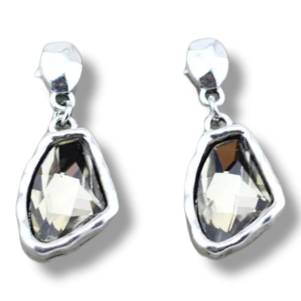 Silvertone Hammered Free Form Gray Crystal Drop Dangle Earrings